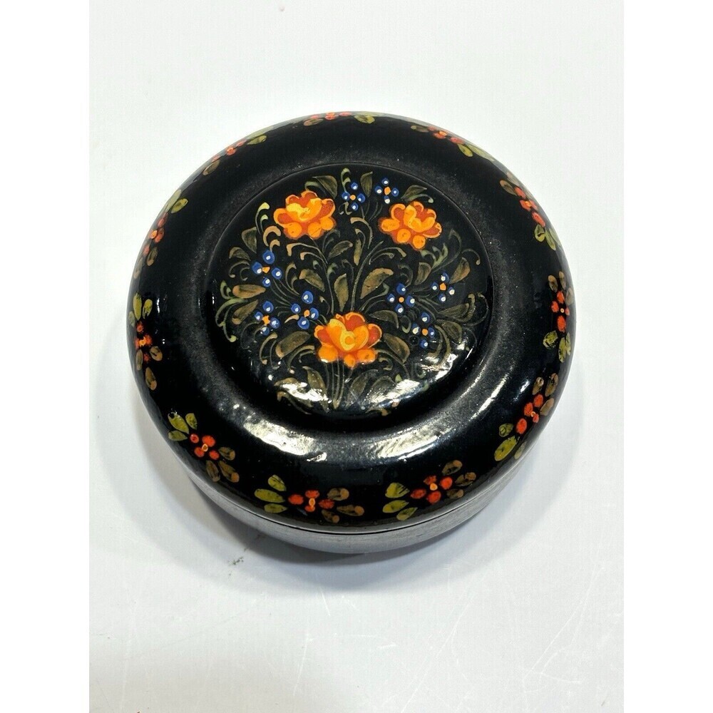 Russian Trinket Box Floral Black Lacquer Hand Painted Metal Round Glided